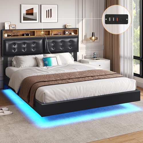 DICTAC Queen Floating Bed Frame with Led Lights and Charging Station Modern Queen Size Visual Floating Platform Bed Frame with Storage Headboard,Linen Queen Size Bed,No Box Spring Needed,Beige