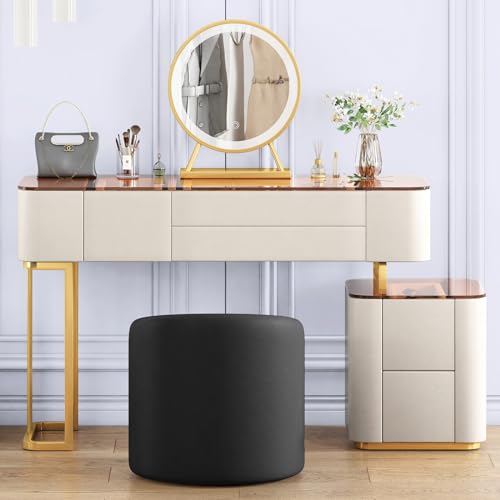 ZAFLY 47inches Vanity Set with Light and Mirror, Makeup Vanity with Moveable Mirror and 5 Drawers, Dressing Table with LED Light Mirror and Stool for Home Bedroom Apartment, Modern Grey Vanity Desk