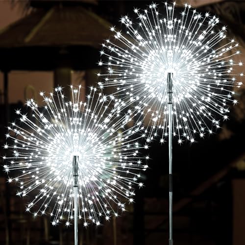 JJGoo Solar Garden Lights Solar Firework Lights, 2 Pack 150 LEDs 2 Lighting Modes Solar Lights Outdoor Waterproof for Garden Patio Walkway Pathway Party Wedding Christmas Decorative - Purple