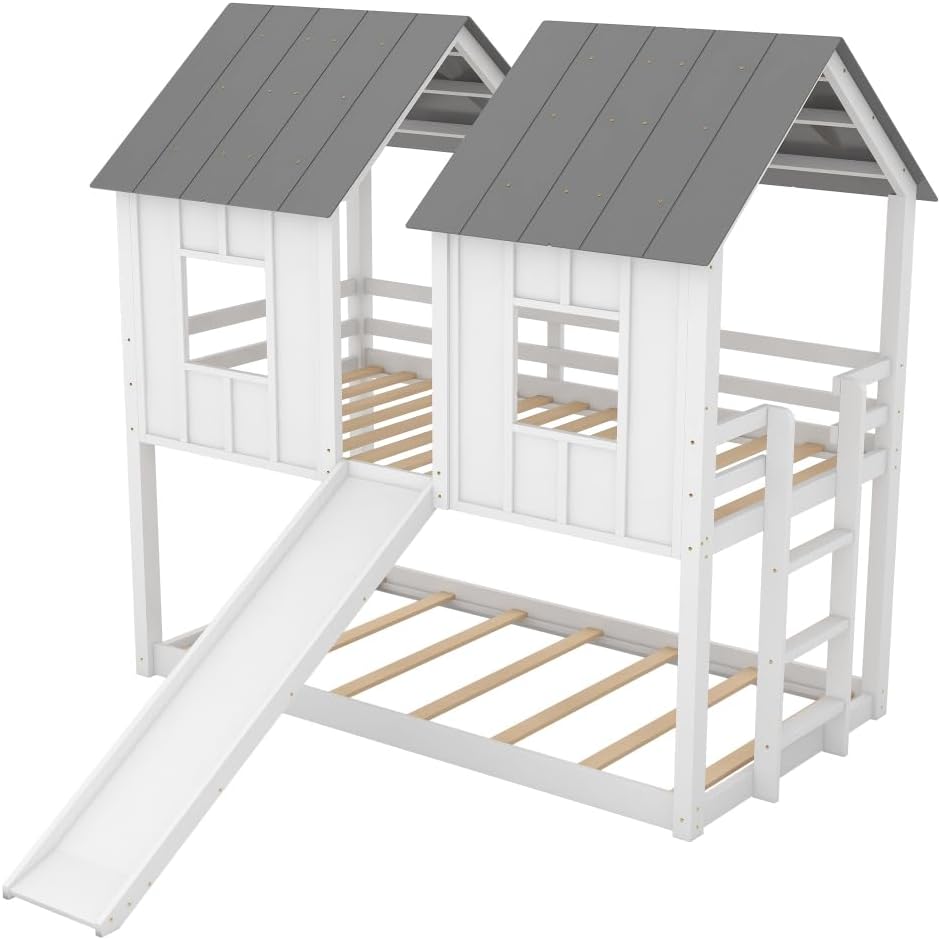 Twin Over Twin House Bunk Bed with Slide and Windows,White 2-Numbers of Package Pine Wood+MDF 14/7pcs 77.4