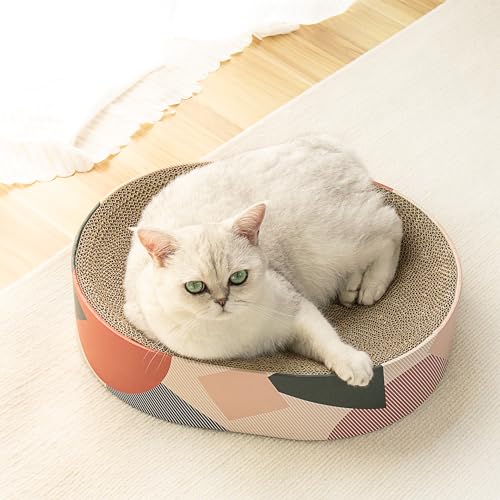 Cat Scratcher Cardboard Bed with Oval Corrugated Design - Durable Recycle Board for Furniture Protection, Cat Scratching Lounge Bed, Cat Scratcher Bowl, and Interactive Kitty Training Toy - FIGURES