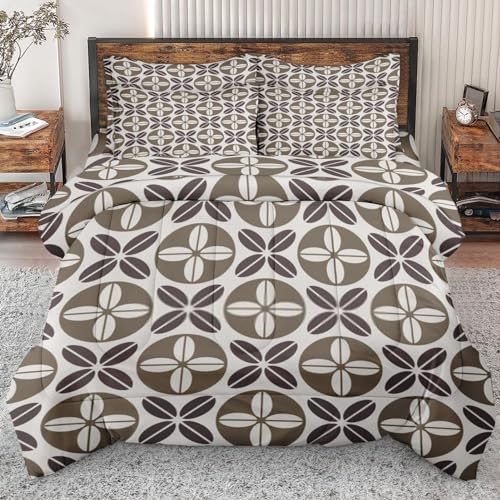 5 Pcs Comforter Set Twin Size, Retro Stripe Orange Bed in a Bag with Flat Sheet and Fitted Sheet for Kids and Adults, Autumn Blue Green Bedding Set with Pillowcase & Sham