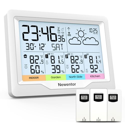 Newentor Weather Station Wireless Indoor Outdoor Multiple Sensors, Digital Atomic Clock Weather Thermometer, Temperature and Humidity Monitor, Forecast Weather Station with Backlight, Black