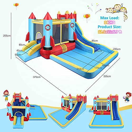 Inflatable Water Bounce House with Blower Kids Water bouncy Castle with Slide, Climbing Wall, Plash Pool, Including Carry Bag Repair Kit ((146 x 132 x 81) Castle)