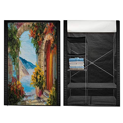 Ambesonne Romantic Portable Fabric Wardrobe, View from Italian Old Stone House Hills Painting Style Look Vine Leaves Flower, Clothing Organizer and Storage Closet with Shelves, 33.5
