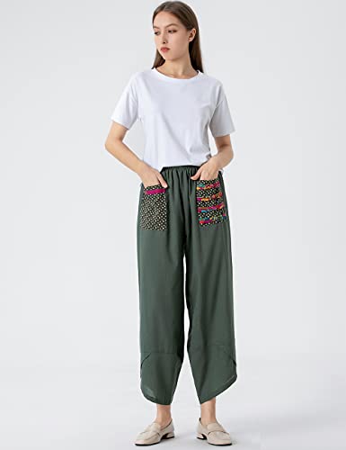 Minibee Women's Baggy Linen Wide Leg Trousers Casual Patchwark Elastic Waist Harem Pants