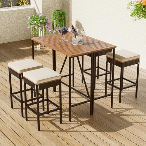 5 Piece Outdoor Acacia Wood Bar Height Four Stools with Cushions, Garden PE Rattan Wicker Table, Foldable Tabletop, High-Dining Bistro, Weather Patio Furniture, 5PC Set, Black +Beige