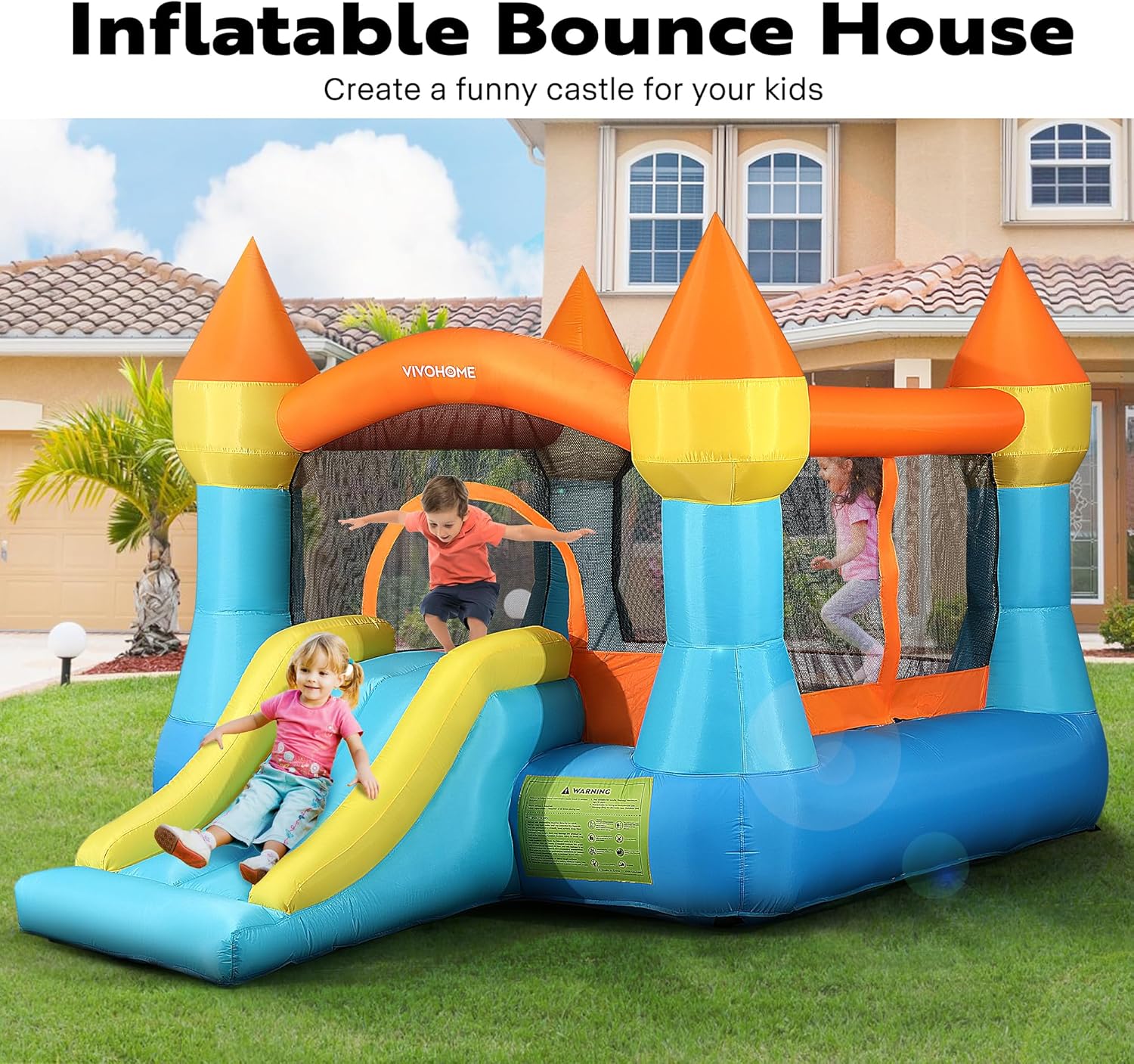 VIVOHOME Inflatable Bounce House Bouncer Jumping Castle with Slide 370W Air Blower for Kids Outdoor Backyard Indoor