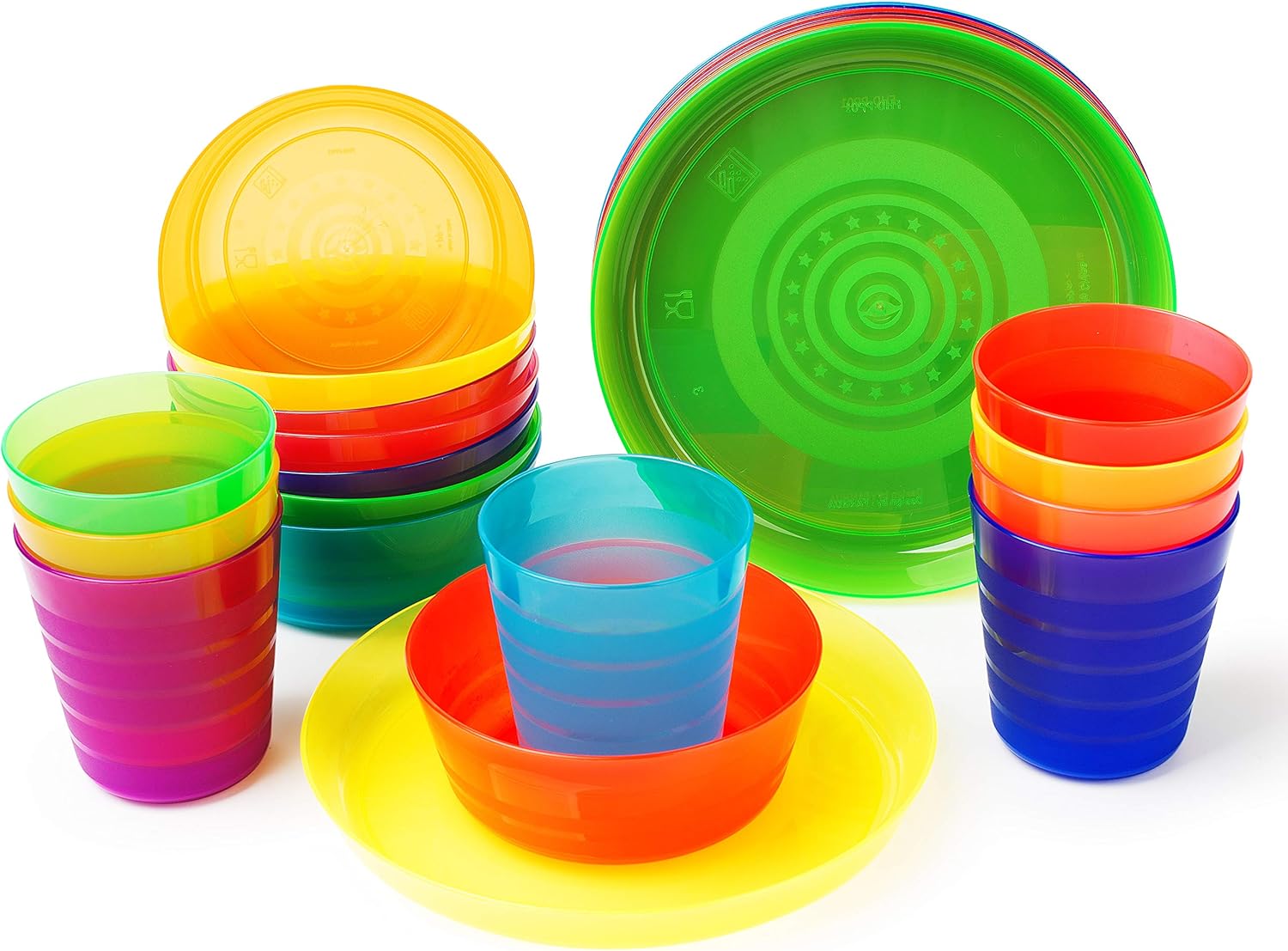 Plastic Dinnerware set for 8 | Kids dishes set include kids cups, kids plates, kids bowls | Rainbow colours for kids party indoor and camping | Reusable and Microwave Safe BPA Free for Kids & Toddler