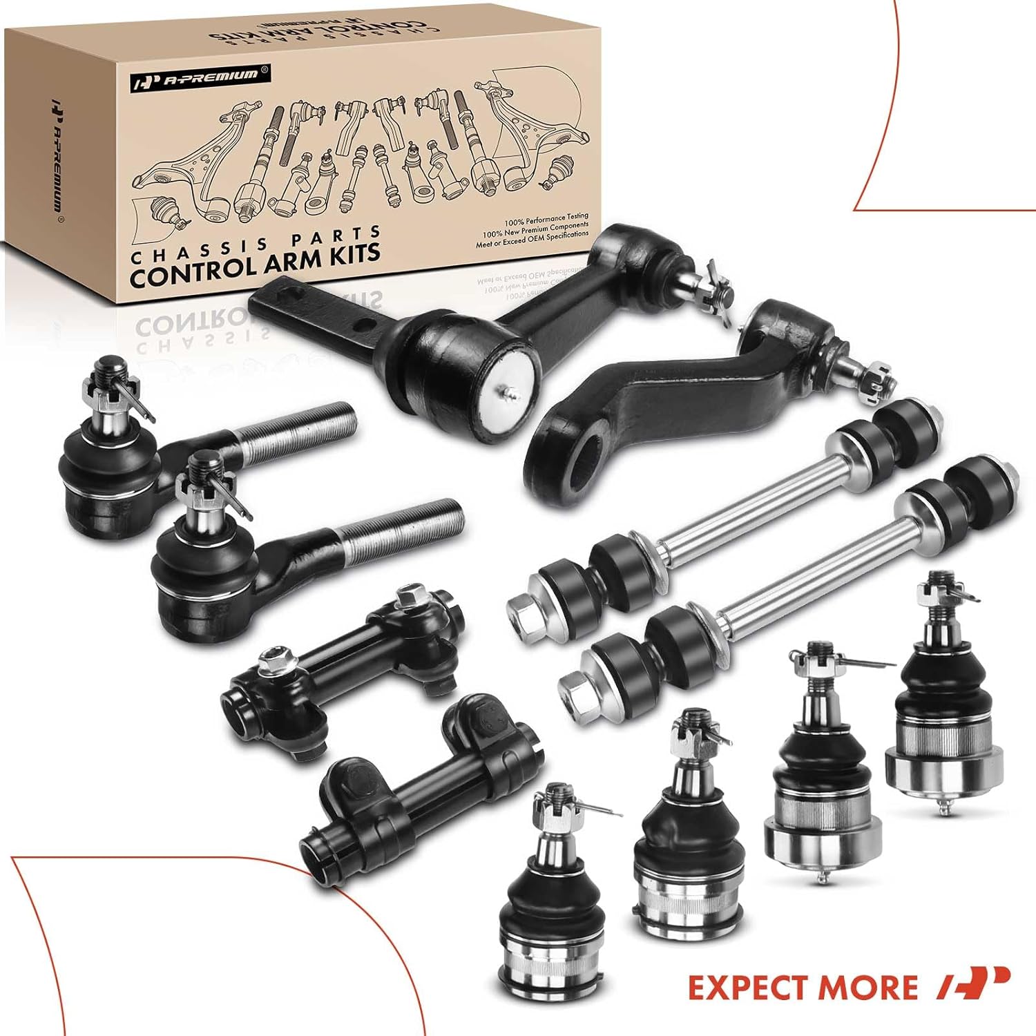 A-Premium Set of 12, Front Upper Lower Ball Joint, Sway Bar Link, Outer Tie Rod End, Pitman Arm, Idler Arm, Compatible with Dodge Ram 1500 1994 1995 1996 1997 1998 1999, RWD