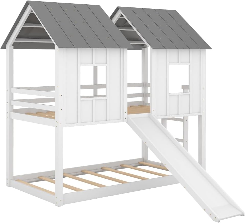 Twin Over Twin House Bunk Bed with Slide and Windows,White 2-Numbers of Package Pine Wood+MDF 14/7pcs 77.4
