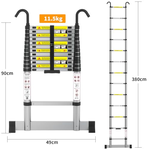Nestling Telescoping Ladder, 16 FT Aluminum Extension Ladder with 2 Detachable Hooks, Portable Attic Ladder, Heavy Duty 330lbs Max Capacity, Multi-Purpose Collapsible Ladder for Indoor Outdoor Work