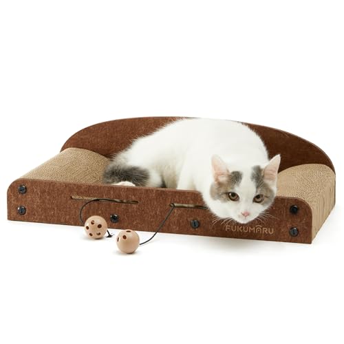FUKUMARU 26 Inch Cat Scratcher Cardboard Lounge Bed, Durable Cat Scratcher Extra Large Lounger, 2 Reversible Cat Scratching Pads Refill for Indoor Cats, Cat Scratch Bed Cardboard Toy, Caramel Color