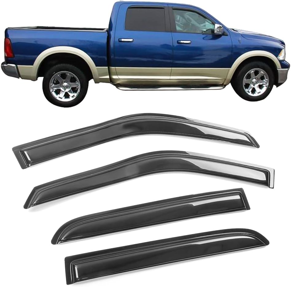 IKON MOTORSPORTS Tape On External Window Visor, Compatible with 2010-2018 Dodge Ram Mega Cab, 2009-2018 Ram 1500 Crew Cab, 2019-2023 Ram 1500 Classic Crew Cab, Tinted Acrylic Wind Air Deflector
