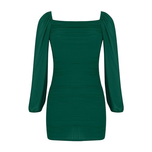 Women's Mesh Ruched Bodycon Mini Dress Lantern Long Sleeve Square Neck Dress Cocktail Sexy Slim Party Club Dresses