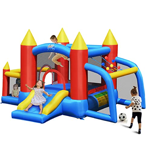 HONEY JOY Inflatable Water Slide, 7-in-1 Toddler Giant Blow Up Bouncy Water Park w/Soccer Ball Gate, Outdoor Water Bounce House Water Slides Inflatables for Kids and Adults Backyard(with 740w Blower)