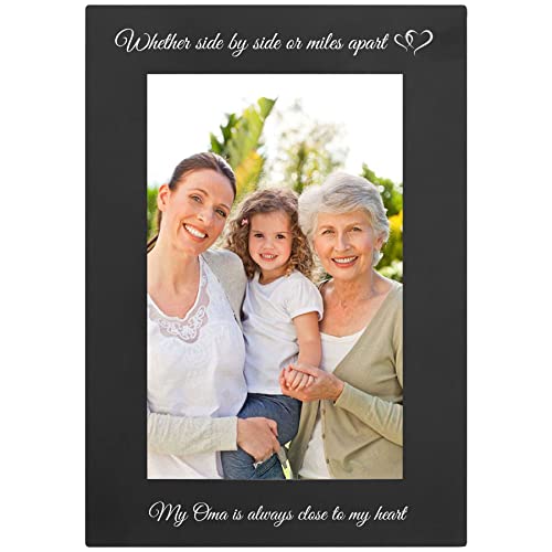 Whether Side By Side or Miles Apart My Oma is Always Close to my Heart Anodized Aluminum Metal Wall/Tabletop Family Photo Picture Memories Landscape Premium 5x7 Black Frame with Easel, Glass