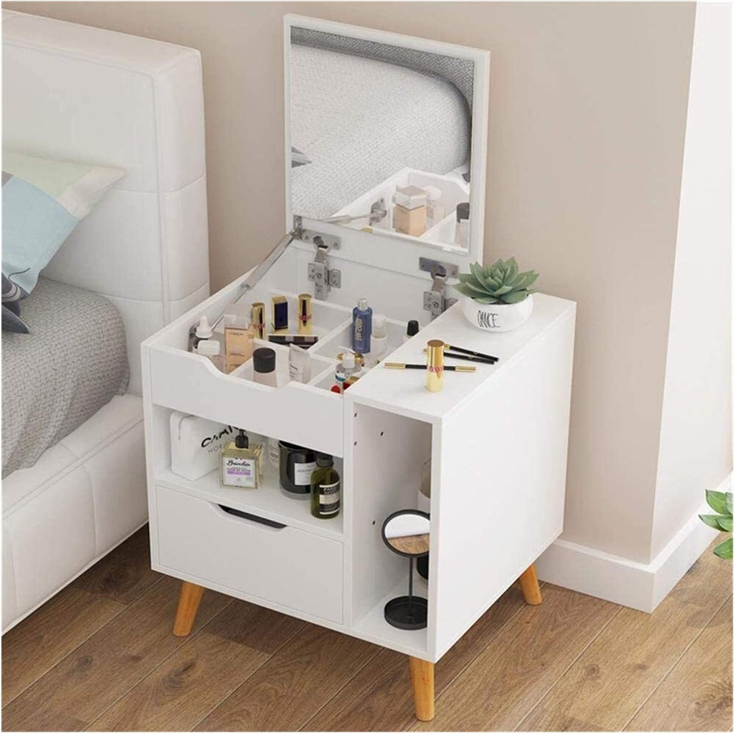 Mini Dressing Table with Flip Mirror, Bedroom Nightstand and Desk 2 in 1, Storage Cabinet, Bedroom Furniture (Color : Beige) (White)