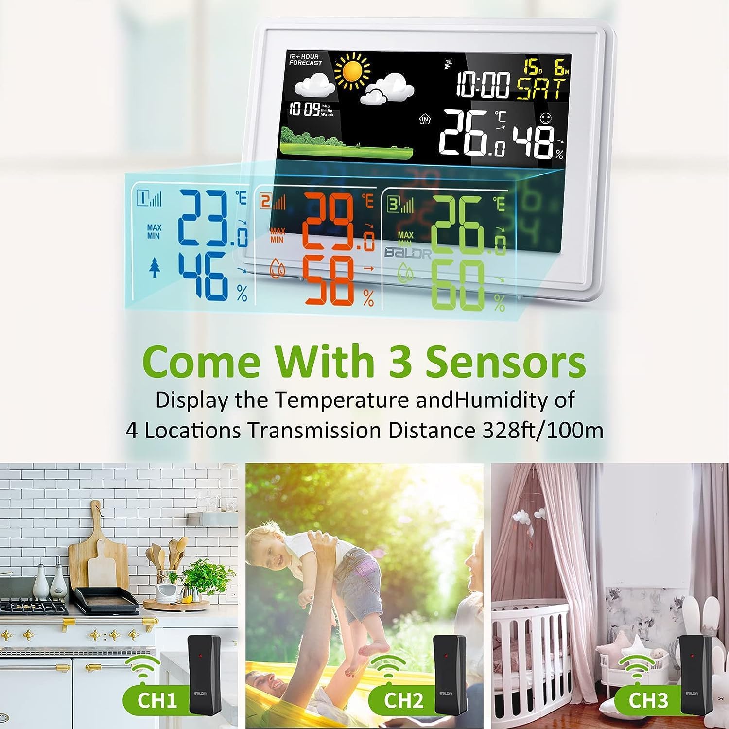 BALDR Weather Station Multiple Sensors, Large Color Indoor Outdoor Thermometer Wireless with Atomic Clock and Digital Barometer