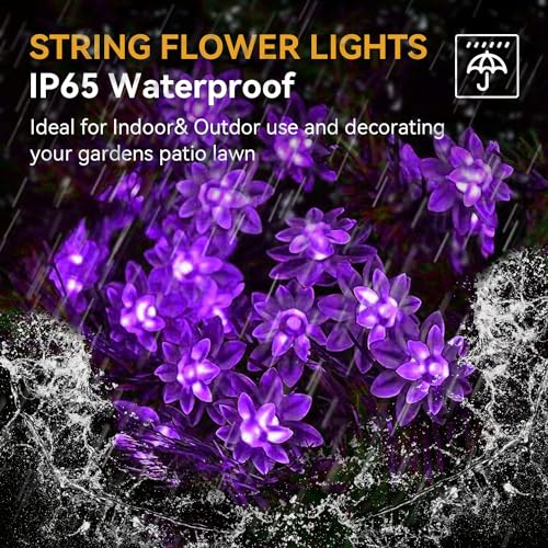 Solar Flower String Lights Outdoor Waterproof 50 LED Upgraded Flower Fairy Light for Garden Fence Patio Yard Christmas Tree Lawn Party (Purple)
