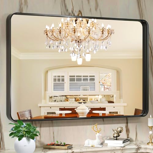 Bathroom Mirror 40 x 32 inch Rectangular Black Metal Framed Mirror, Modern Round Corner Wall Mounted Vanity Mirror for Bathroom Living Room,Vertical or Horizontal