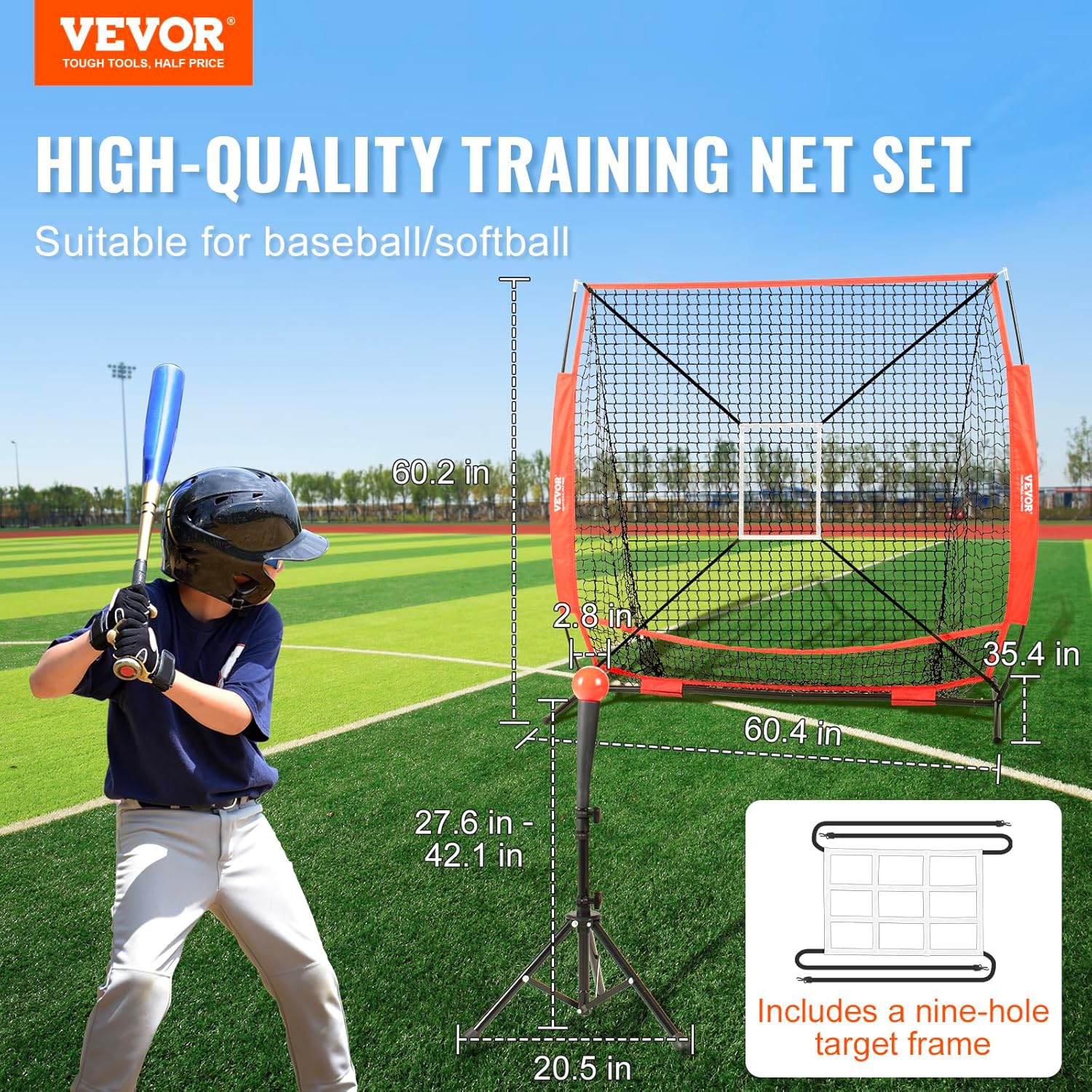 VEVOR 5x5 ft Baseball Softball Practice Net, Portable Baseball Training Net for Hitting Batting Catching Pitching, Backstop Baseball Equipment with Bow Frame, Carry Bag, Strike Zone, Ball, Batting Tee