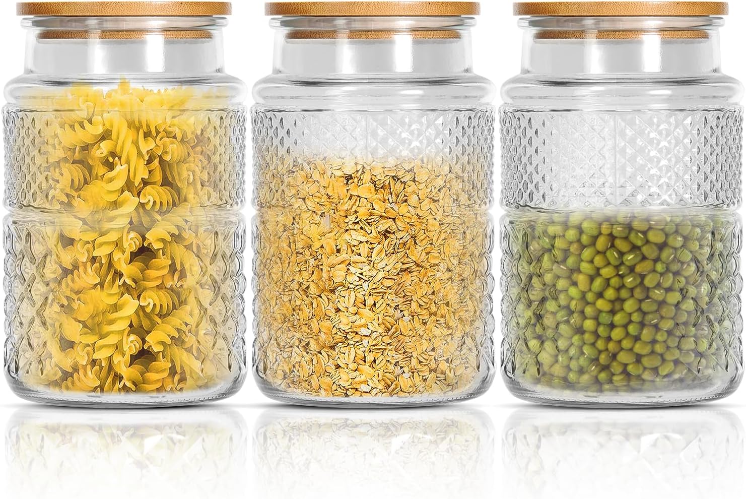 60 OZ Glass Food Storage Jars - 3 Pack Large Vintage Airtight Storage Containers with Bamboo Lids, Kitchen Glass Food Containers with Lids Airtight, for Pasta, Cookies, Nuts, Coffee Beans, Cereal, Tea