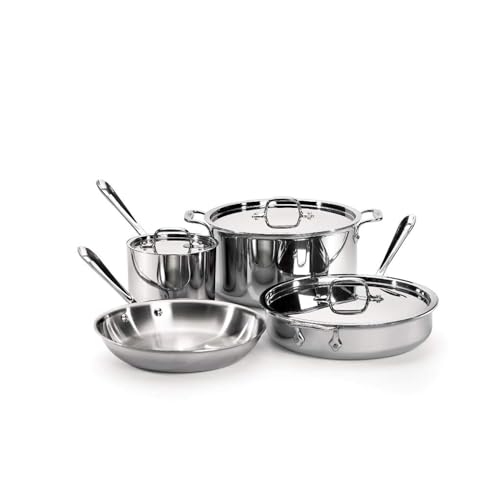 All-Clad D3 3-Ply Stainless Steel Cookware Set 7 Piece Induction Oven Broiler Safe 600F Pots and Pans, Cookware Silver