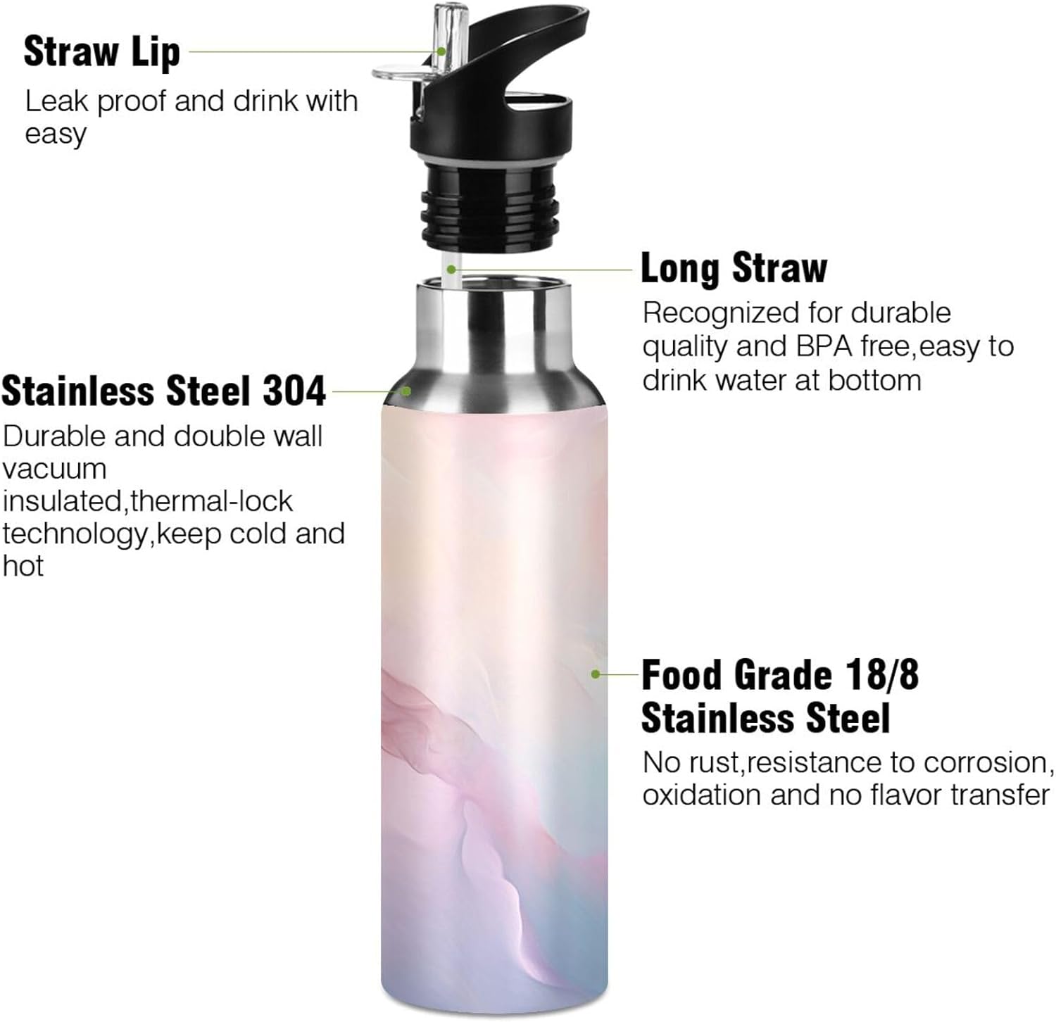 ZOEO Marble Pink Water Bottles Kids Insulated Thermos Stainless Steel Bottle with Straw Lid Flask Leakproof for Sports Gym 20 oz