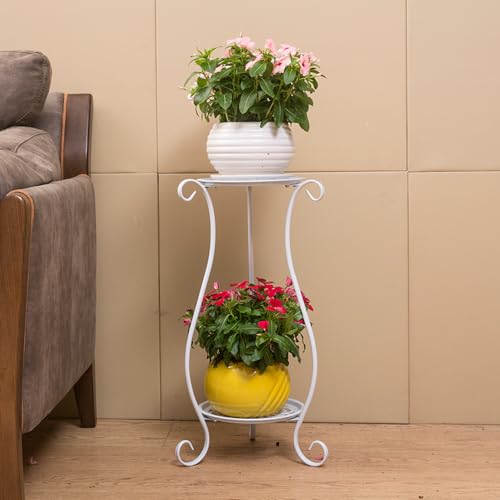 2 Pcs Plant Stand Indoor 2-Tier Metal Plant Shelf Outdoor Heavy Duty Rustproof Iron Flower Pot Stand With 9.45'' Diameter Round Trays Wrought Iron Planter Holder For Corner Patio Living Room Ga