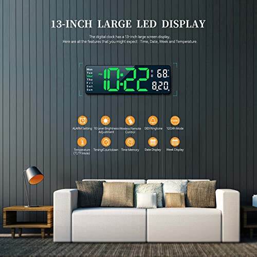 Digital Clock, Digital Wall Clock for Living Room Decor, Desk Alarm Clock for Bedroom, Large Wall Clock with Remote Control, Automatic Brightness Dimmer LED Clock with Date Temperature Week (Green-B)