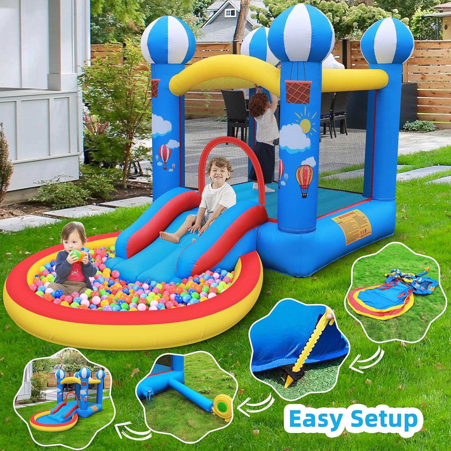 Inflatable Bounce House: 4 in 1 Bouncy Castle with Ball Pit & Slide for Kids Age 3-8 with 370 Watt Blower and Storage Bag for Indoor Outdoor Play Oxford Cloth