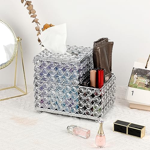Sumnacon Square Crystal Tissue Box Cover -Sparkling Cube Tissue Box with Side Organizer,Decorative Tissue Holder for Living Room Vanity Night Stand Desk Countertop Office, Silver