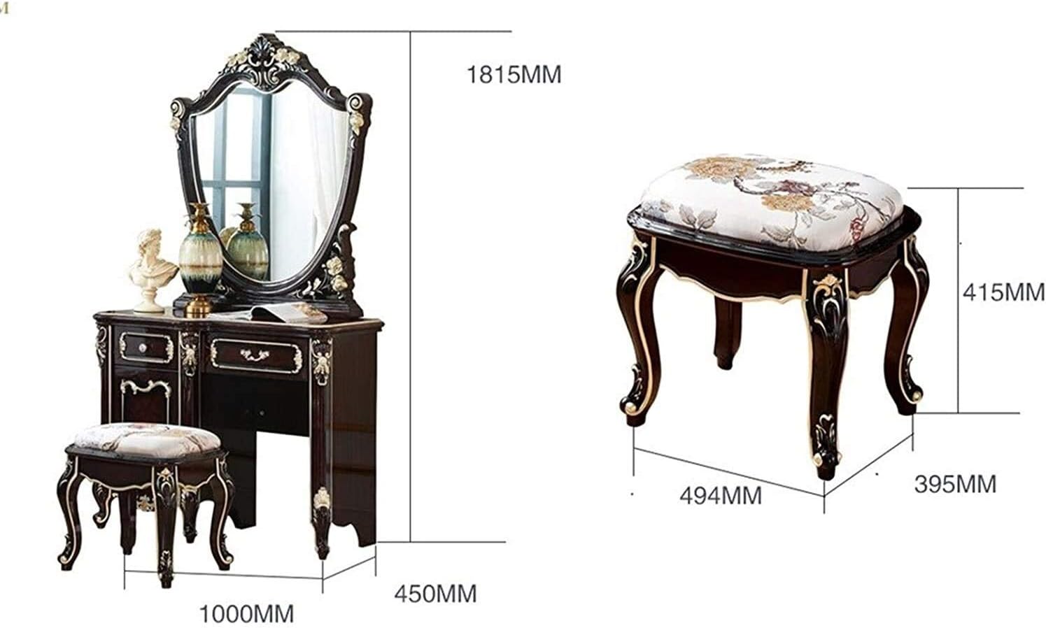 Luxury Dressing Vanity Table w/Stool for Bedroom, 2 in 1 Makeup Vanity Desk European Style Dressing Table Small Apartment Mini Bedroom Dressing Cabinet for Girls