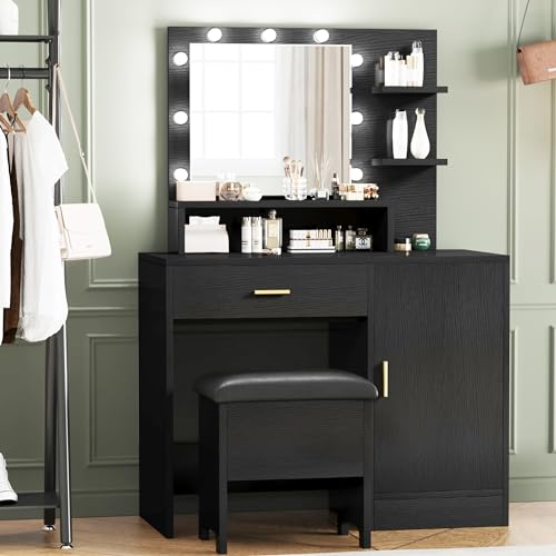 GAOMON Vanity Desk with Mirror and Lights, Makeup Vanity with Drawer, 3 Level Cabinets & 3 Tiers of Open Shelves, Bedroom Dressing Table, White