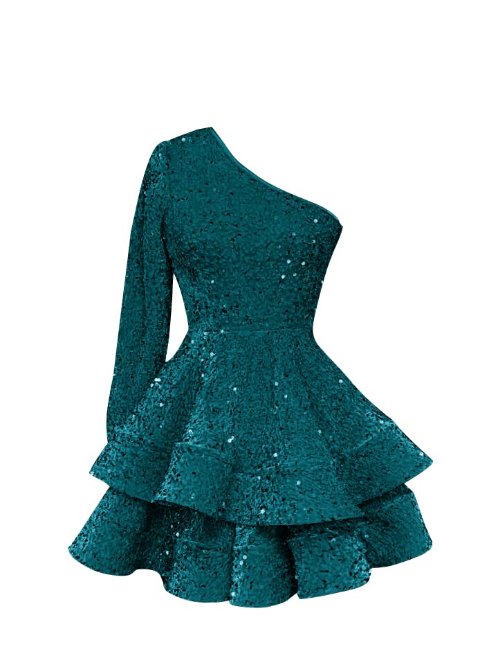 OFEECHUN Women's One Shoulder Sequin Homecoming Dress Short Sparkly Layered Long Sleeve Cocktail Gowns