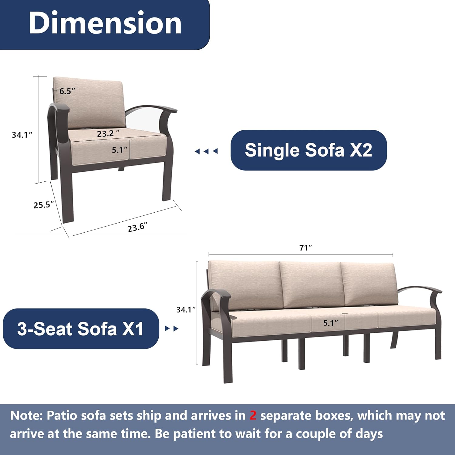 Patio Furniture Set 3 Pieces Aluminum Sectional Sofa with armrest, Modern Outdoor Conversation Set 5 Seats, Outdoor Chairs with Thick Cushion, Sand