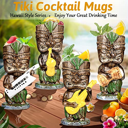 Tiki Glasses Mugs for Cocktails Hawaiian Tiki Mugs 13oz Set of 4 Ceramic Tropical Party Drink Cups Tiki Glass Bar Decor Vintage Music Band Glasses Drinking Cup Decorations Drinkware