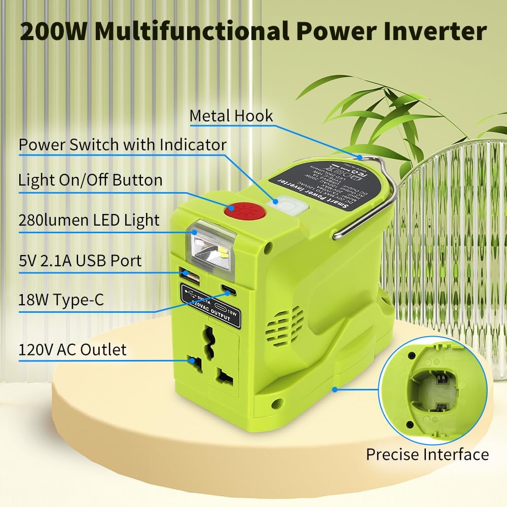 200W Powered Generator Inverter for Ryobi 18V Lithium Battery Portable Small Power Station Power Source Battery Generator DC18V to AC 110V-120V with USB Port 280LM Light for Outdoors Camping Hiking