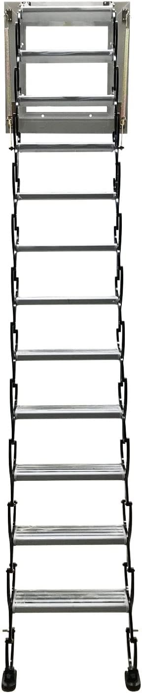 TECHTONGDA Attic Ladder Steps Pull Down 12 Steps Attic Stairs, Attic Access Ladder, Black Wall-mounted Folding Stairs for Attic, Retractable Attic Ladder with Armrests, 9.8 feet Height, Ti-Mg Alloy