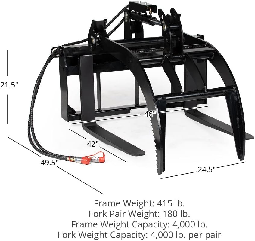 Titan Attachments Hydraulic Skid Steer Pallet Fork Grapple Attachment V2 with 42in Fork Blades, 1/2in Thick Steel Frame, Quick Tach Mounting System