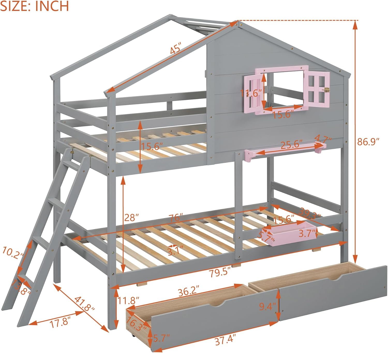 Twin Size House Bunk Bed for 2 Kids, Wooden Bunkbeds with Two Drawers, 1 Storage Box and Shelf, Window and Roof Design, for Boys Girls Teens, Twin Over Twin, Gray