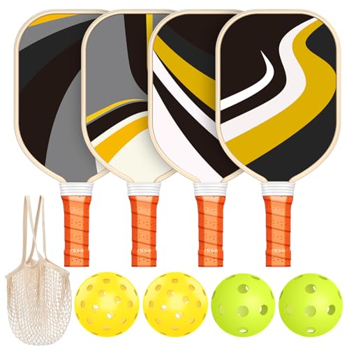 Pickleball Paddles Set of 4, Premium Wood with 4 Indoor & Outdoor Pickleball Balls and 1 Carry Bag, Pickleball Rackets with Ergonomic Cushion Grip for Beginner & Professional Gifts for Women Men Youth