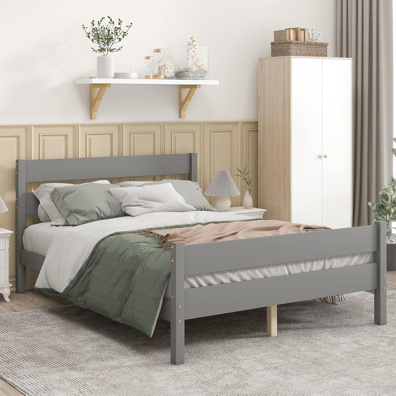 Full Bed Frame Wood Platform Bed Full Size with Headboard and Footboard Gray Beds Frame for Kids Boys Girls Teens, Slat Supports, No Box Spring Needed