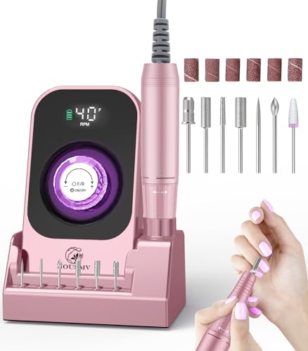 Portable Nail Drill Electric File: Professional Nail E File Machine 40000RPM for Acrylic Nails Remove Nail Gel Polish Manicure, Rechargeable Cordless Nail Drill with Bits & Base for Salon Home, Pink