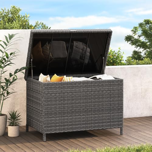 Grand patio 158 Gallon Deck Box,Outdoor Storage Box with Lid Large Wicker Storage Bin for Patio Furniture Cushions,Garden Tools,Pool Accessories,Grey