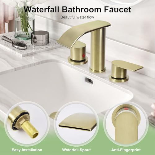 3 Holes Waterfall Bathroom Faucet, 8 Inch Widespread Bathroom Sink Faucet, Two Handles Lavatory Vanity Sink Faucets with Pop-up Drain (Brushed Nickel)