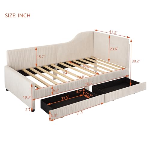 Twin Size Upholstered Daybed with 2 Storage Drawers, L-Shaped Corduroy Sofa Bed Frame with Wood Slat Support, Wooden Low Sofa Bed for Bedroom Livingroom (Pink-090)