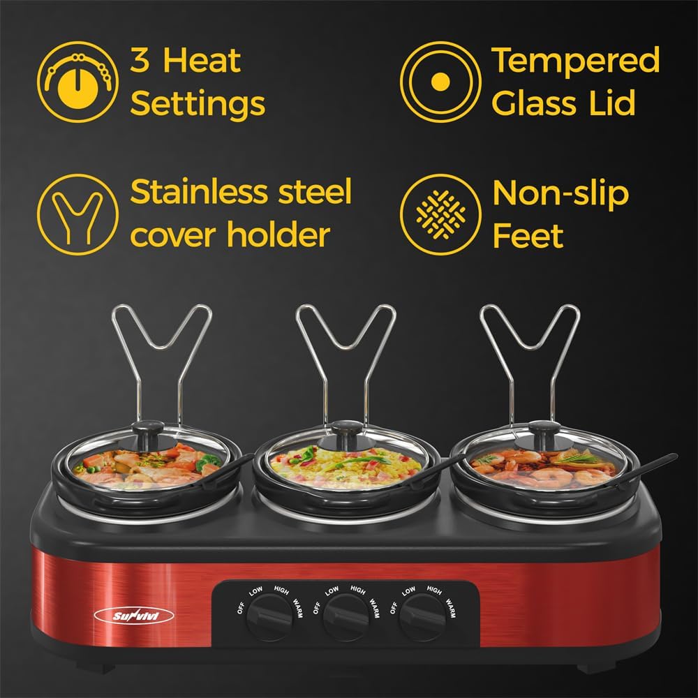 Triple Slow Cooker, 3 x 1.5 Quart Cooker Buffet Server and Food Warmer Electric Red Triple Slow Cookers Adjustable Temp Lid Rests Stainless Steel Manual, Total 4.5 QT