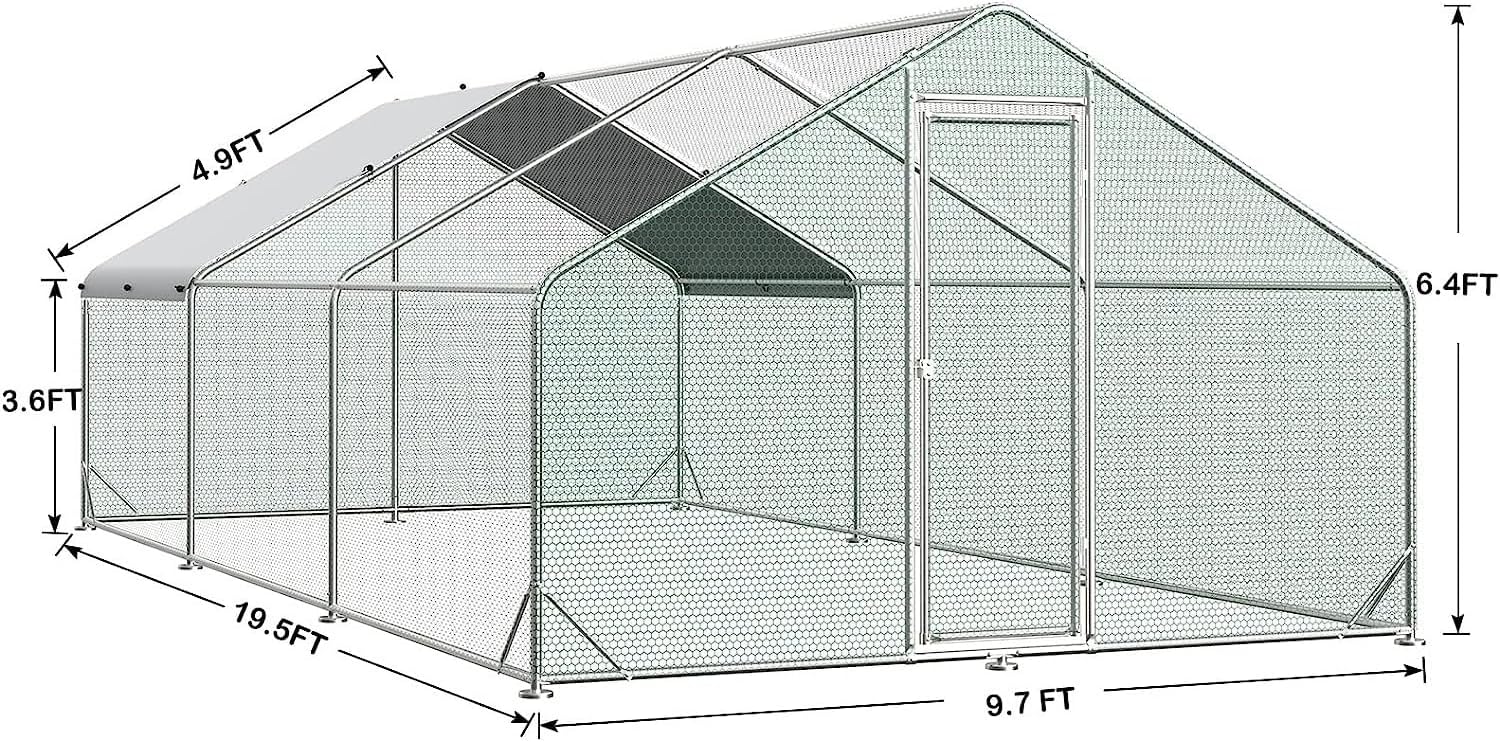 Large Metal Chicken Coop Walk-in Poultry Cage Hen Run House Rabbits Habitat Cage Spire Shaped Coop with Waterproof and Anti-Ultraviolet Cover (9.8' L x 19.7' W x 6.4' H)